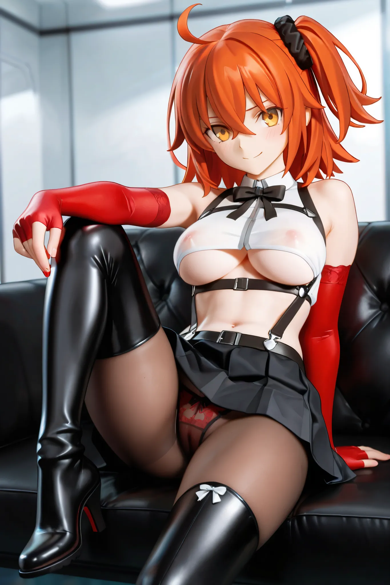 NSFW,masterpiece,highest quality,High Resolution,very detailed,Ritsuka Fujimaru\(Fate/Grand Order),orange hair、collared sleeveless cropped vest、Underboob、belly button、suspendersskirt、skirt、suspenders、neck x bow 、 asymmetric fingerless gloves 、elbow gloves、...