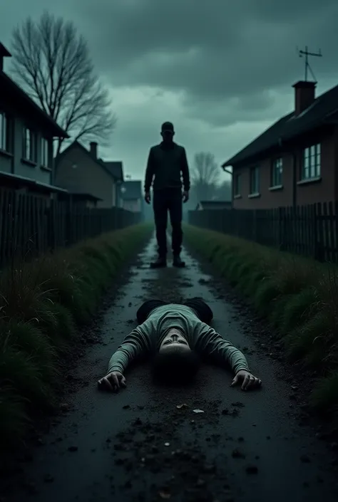 A dark, eerie village with a lifeless body lying in the middle of a dirt path, a shadowy figure standing over it. The background shows the village houses under a dark, stormy sky, emphasizing the ominous atmosphere.