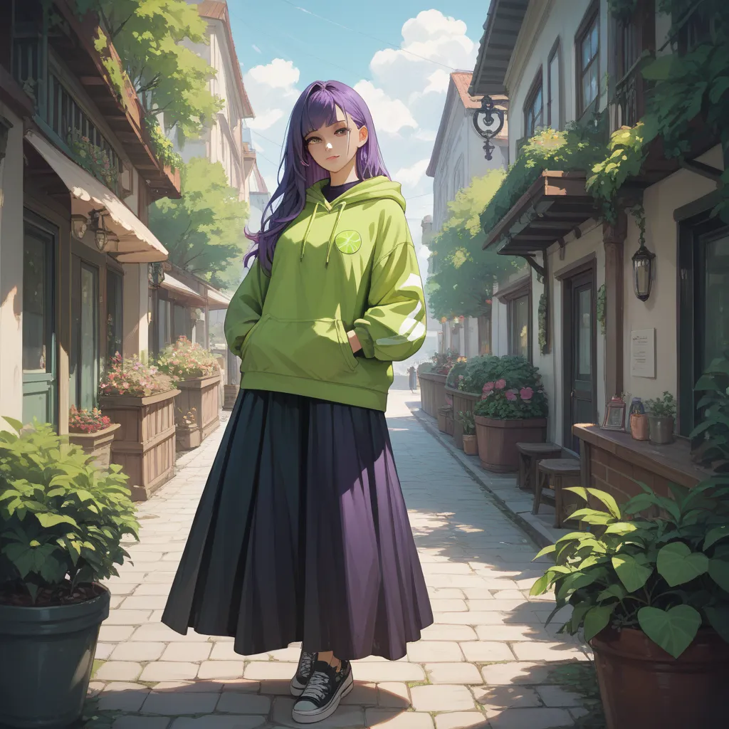 Purple Hair, long hair, Lime green hoodie,black long skirt
