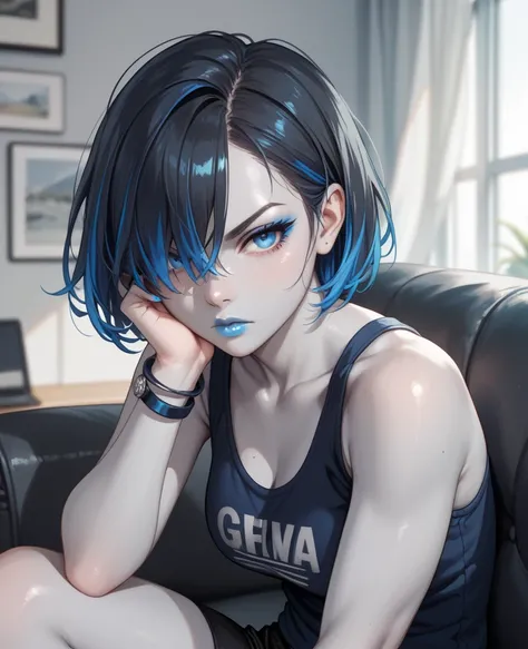 Girl with grey skin, grey skin color, grey skin, pale skin, completely grey skin, black hair with Blue highlights, blue highlights, short hair, bangs covering eye, blue eyeshadow, blue eyeliner, Dark blue lipstick, blue eyes, Dark blue nails, dark blue tan...