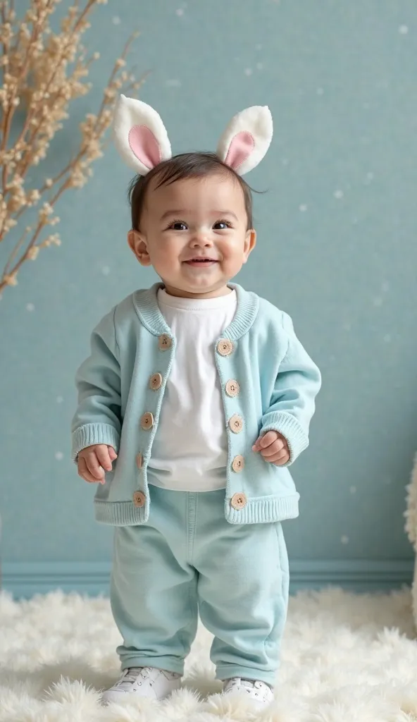 A cute happy baby standing facing forward with light blue pants with white details,  simple white blouse , light blue open coat with white details beige belly-length buttons with cute ears cutouts in pink, carpet the environment is cozy in light light blue...