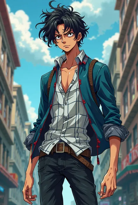 A tall young man with a thin build, with long dark curly hair and a long hooked nose, wearing a white plaid shirt, a blue jacket and black jeans / Pre-timeskip / one piece Anime style