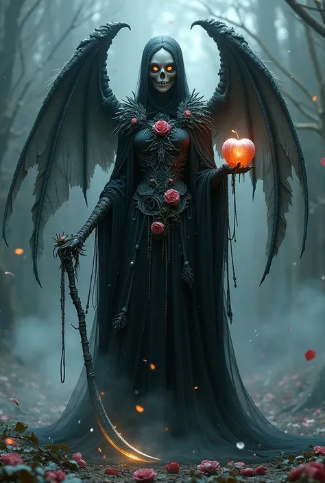 "A breathtaking, ultra-realistic hybrid creature combining the fearsome power of the Goddess of Death and the pure heart of Snow White. This majestic being stands tall with a haunting, skeletal face and glowing eyes that radiate both darkness and ethereal ...