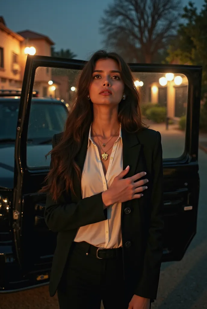   A rich Beautiful elegant girl getting out of brado jeep in black blazer over full  white shirt and her neck with a beautiful a locket of gold star and with backside Street bungalow and put your hand on your heart and looking upward in peshawar in night t...