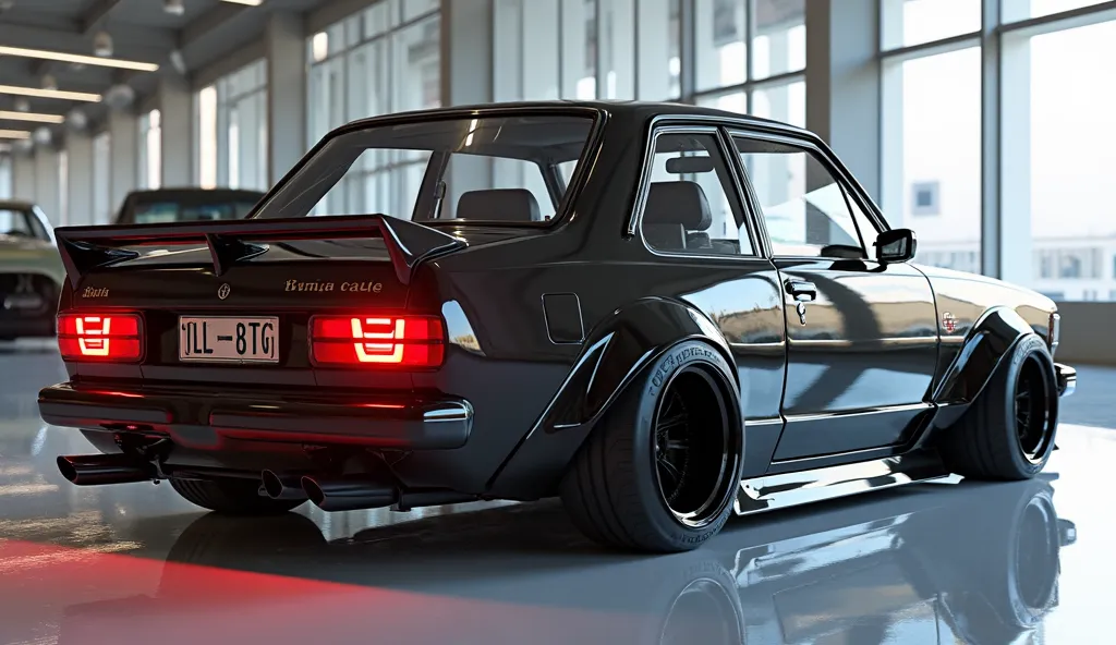 3D render of a heavily modified (1979 Toyota Corolla )in(matilac black )colourbackright side view) The car features closing doors, ultra-high-detail glossy and shiny modifications, including sleek add-ons. The () logo is prominently displayed on the closin...