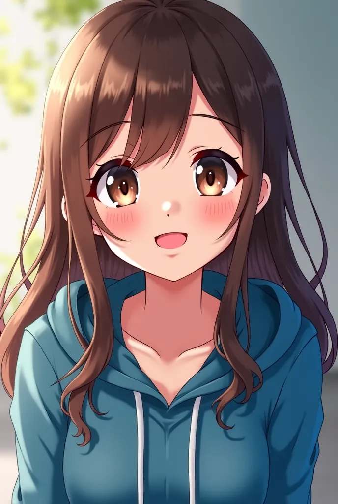 age girl streamer anime Brown eyes, long brown hair, light skin, pink lips

Smiling

Wearing blue hoodie