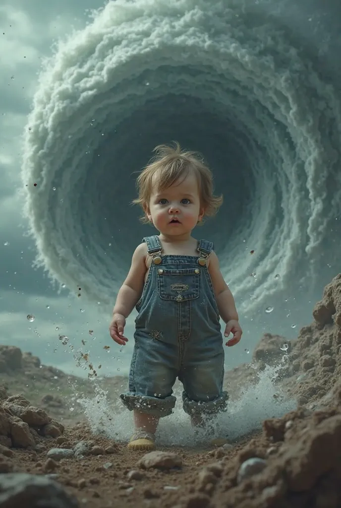 Cyclone wearing toddler overalls, looking helpless