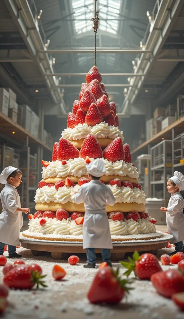 A team of tiny chefs working in a grand industrial bakery, actively assembling a giant cake. The chefs are in motion: some are spreading cream, others are placing large strawberries with a moving crane, and a few are carefully piping decorations. The scene...