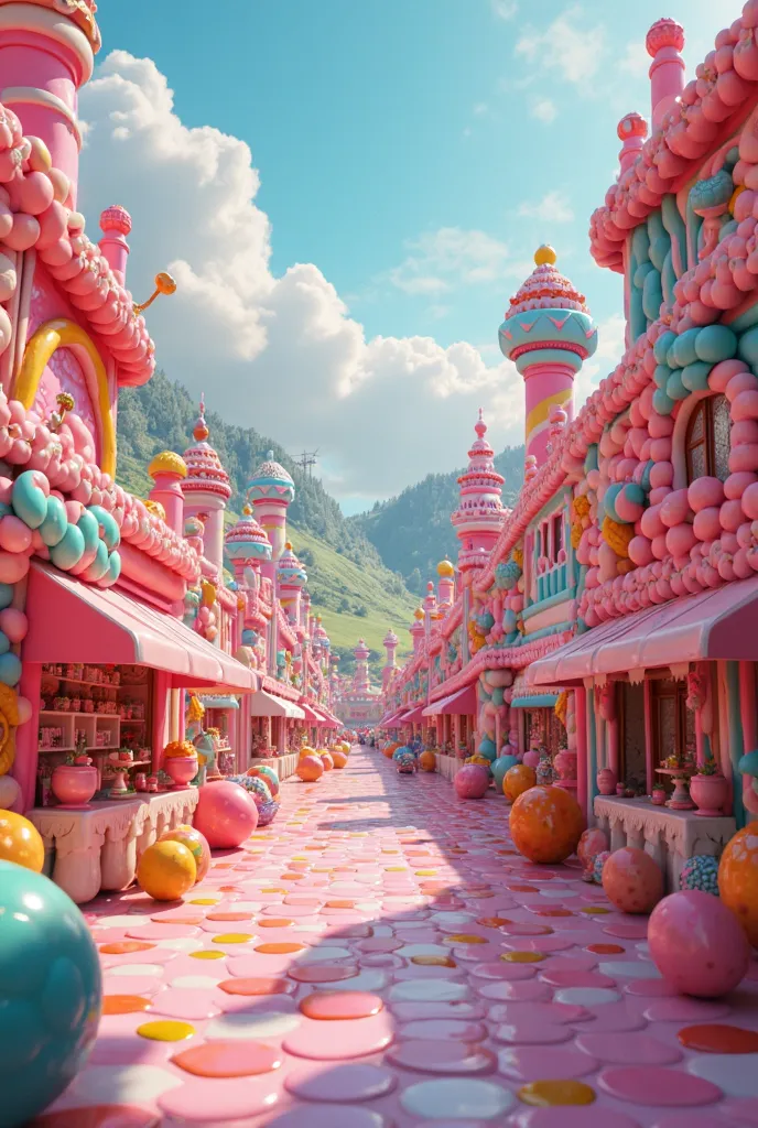 Create a city made of candy and carts made of marmelo 
