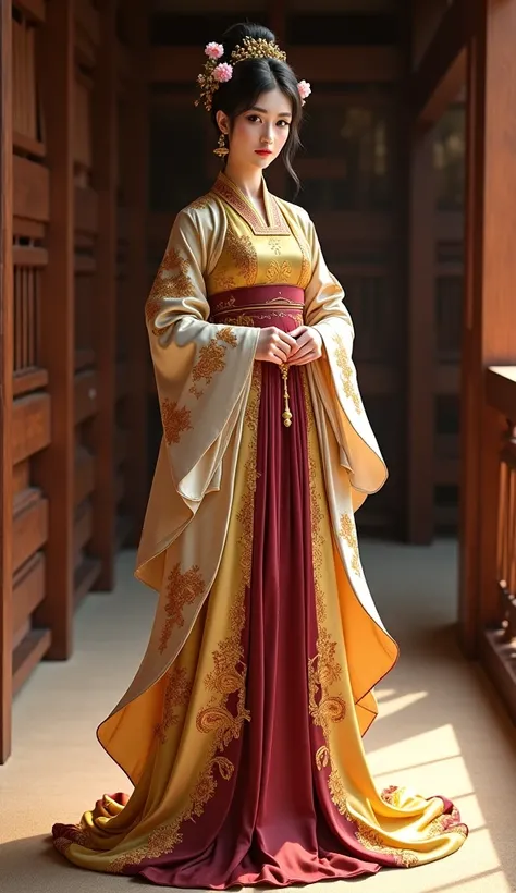 A woman in a traditional Chinese-inspired outfit, ornate and detailed. Mid-shot, standing in a wooden interior, rustic, and somewhat dimly lit. The woman has dark hair, adorned with small, light pink flowers, and an expression of gentle composure. The outf...