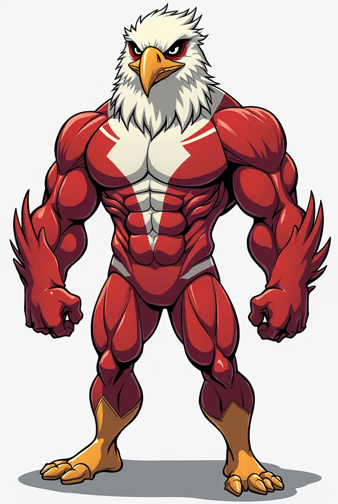 create an image of a male superhero from Indonesia. cartoon image with high quality animation. visible all parts from head to toe. both hands on the right and left sides. human form but head like an eagle. wearing red and white costume.remove the backgroun...