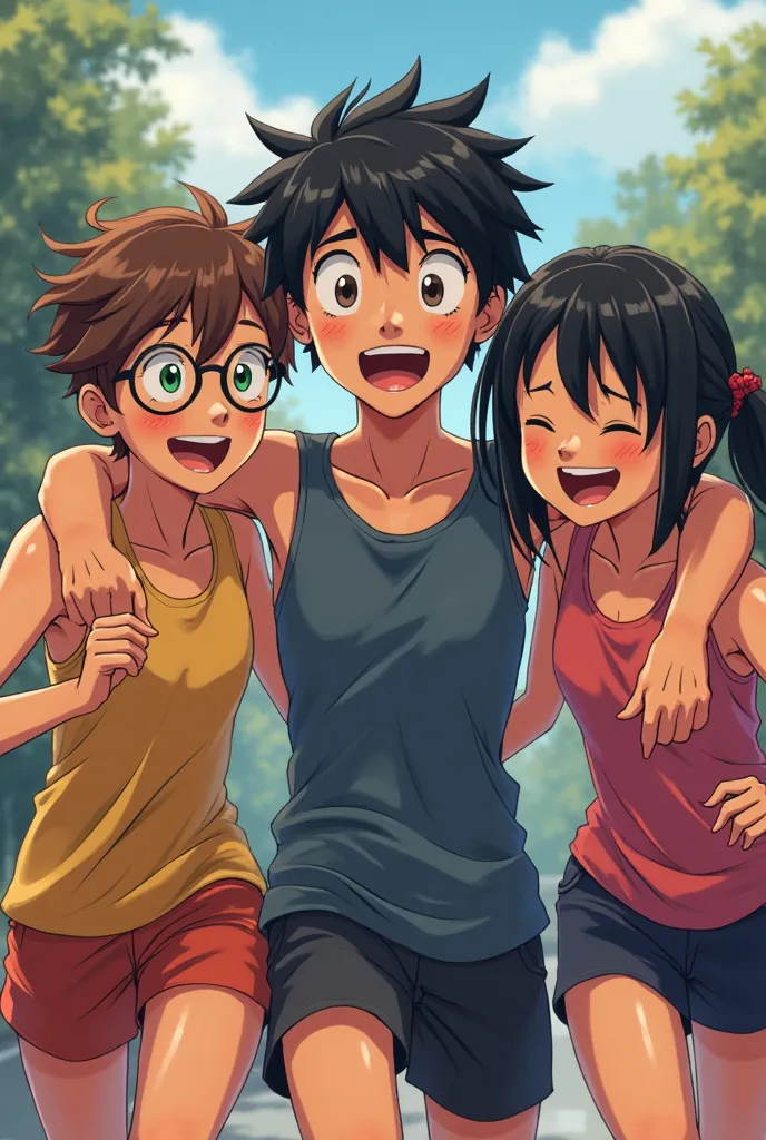 in anime style three friends who were running, the one on the left has wavy brown hair and green eyes and wears round glasses, The one in the middle is taller,has straight black hair and black eyes, the one on the right has full black hair and is a rocker....