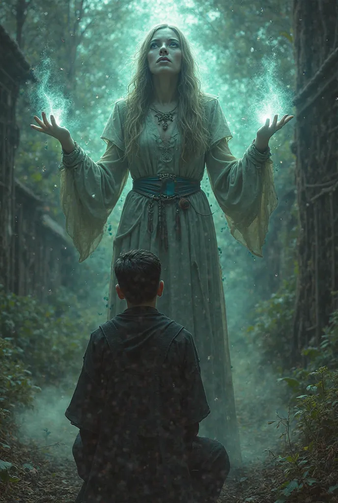 The woman standing in front of a villager, her mouth slightly open as if chanting a spell, her hands raised, with an eerie light surrounding her. The villager looks hypnotized and fearful.
