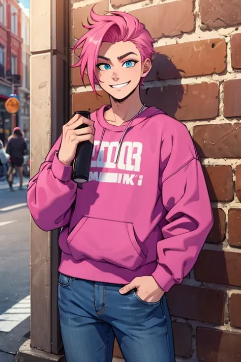 Perfect face. Perfect hands. A neon pink haired man with bright blue eyes in a giant sweatshirt and jeans is smiling while  leaning against a brick wall in  a busy city with a big smile