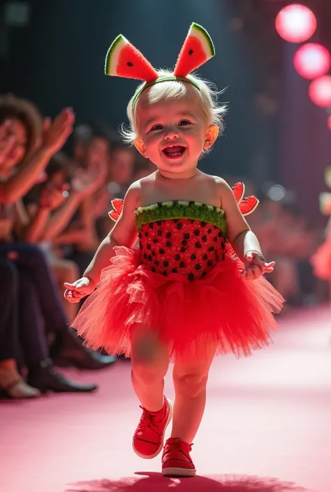 reformule esse prompt "An incredibly cute baby confidently walking down a brightly lit fashion runway, wearing an eye-catching and unusual watermelon-themed outfit. The outfit is bold, colorful, and designed to grab everyone's attention, featuring creative...