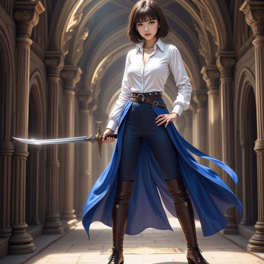 Saber, Fate Stay Night, Inside the castle, Medieval Magician, medieval adventurer, white shirt, blue ribbon, dark blue pants , dark blue thigh pants, own boots, brown knee-high boots, fantasy adventurer costume, elegant, dominant, Dutch angle, cowboy shoot...