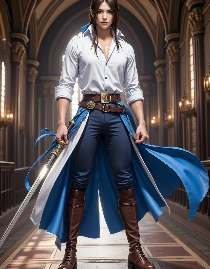 Saber, Fate Stay Night, Inside the castle, Medieval Magician, medieval adventurer, white shirt, blue ribbon, dark blue pants , dark blue thigh pants, own boots, brown knee-high boots, fantasy adventurer costume, elegant, dominant, Dutch angle, cowboy shoot...