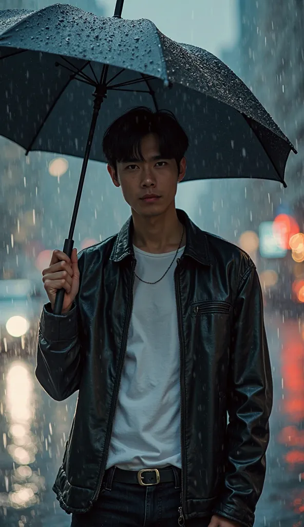 A heavy rain is falling. An Asian man wearing a black leather single jacket, a white inner T-shirt, and black jeans stands with his stylish three-member group. He has black hair and a sarcastic smile. He holds a black umbrella, from which raindrops are dri...