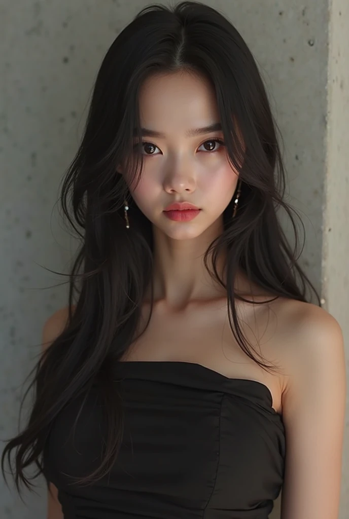 KIM JENNIE FACE, tetas grande, black dress,  elegant,  of foot, long straight black hair, fair skin