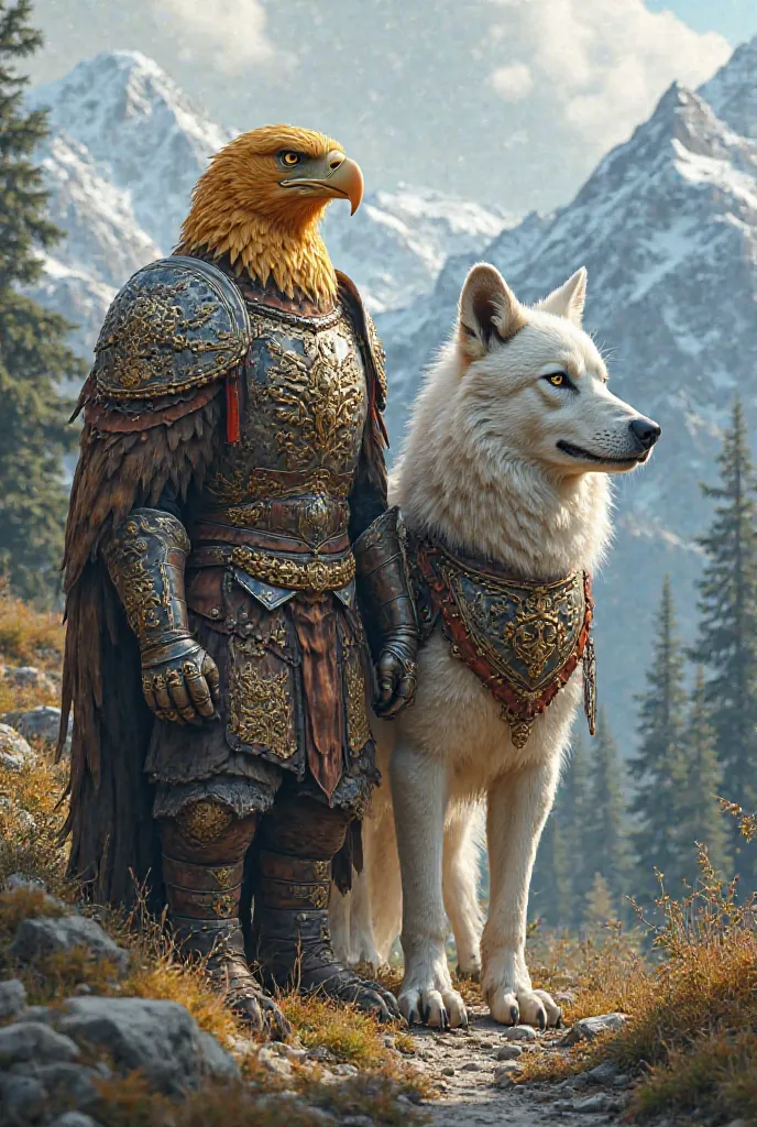 A golden eagle with a white wolf of the same size, wearing war armor ,in a forest half snowy and mountains in the background 