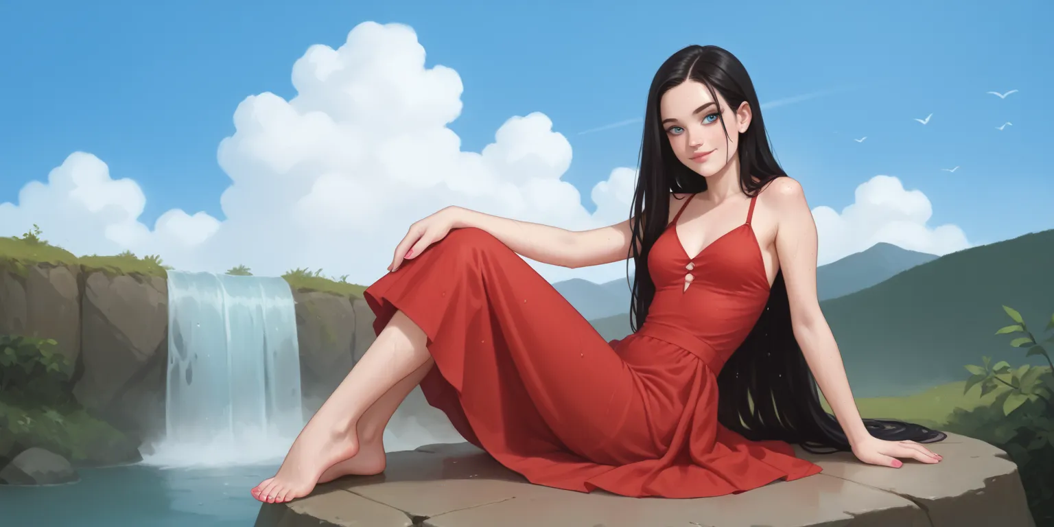 Try to generate the image of an adolescent with her legs covered, medium soft breast,  long dress , long red dress with a very wide neckline, sitting on a rock, straight black hair breasts, very long hair, freckles, detailed ribs and small bare feet, red l...