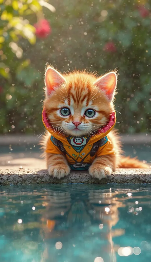 kitten ( kitten cat orange , cute, dressedlike power ranger) taking a relaxing dip by the pool