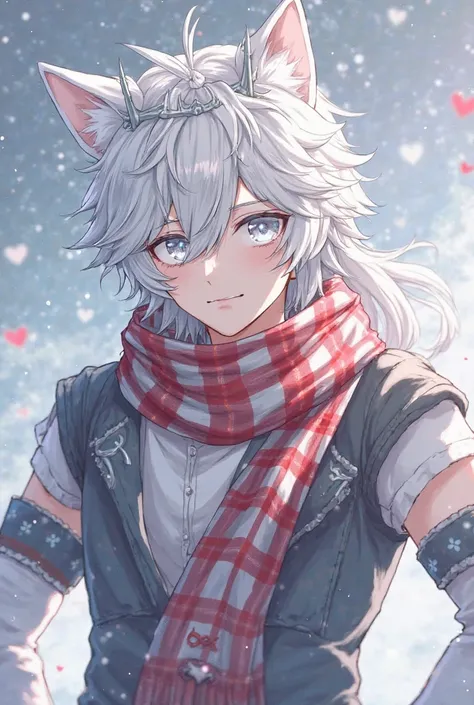 creates an anime man with a striped snow-white plaid scarf, also with white eyes, wolf hair in the shape of a messy white mullet and on top a crown of silver thorns, a CV with red hearts , and also white arm warmers