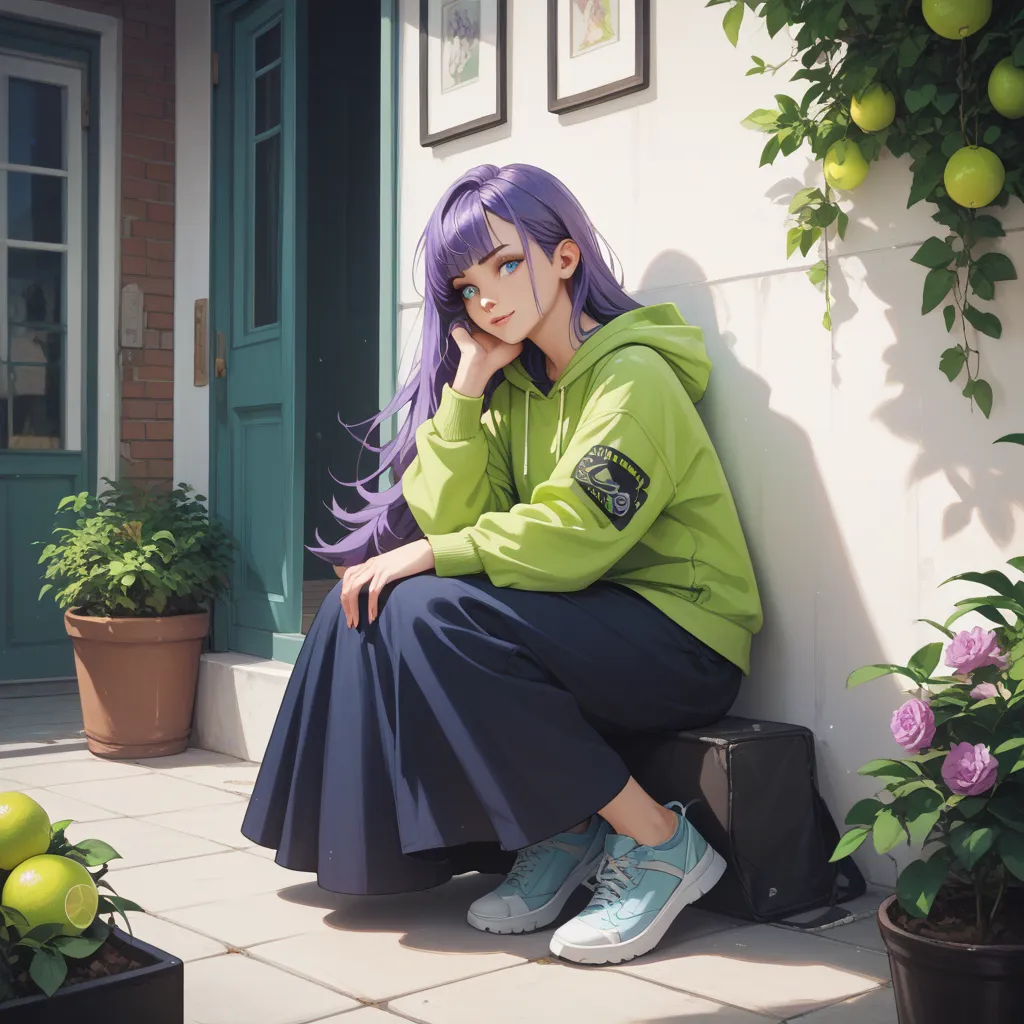 Purple Hair, long hair, wolf cut,Lime green hoodie,black long skirt,,Light blue shoes,light blue eyes, has a pickaxe