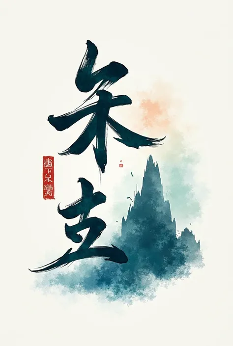 「Mountain」and「sea」, the two words are represented in a calligraphic style，Emphasis，shows the impression of a mountain sea in strokes rendered with，渲染的筆觸描繪Mountainsea的意象，