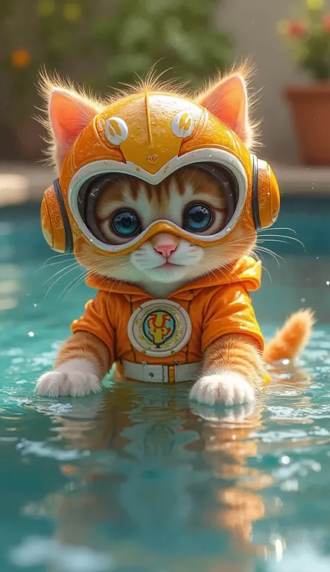 kitten ( kitten cat orange , cute, dressedlike power ranger) taking a relaxing dip by the pool