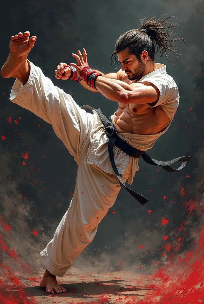 Draw a stabbed, muscular karateka, kicking in the head