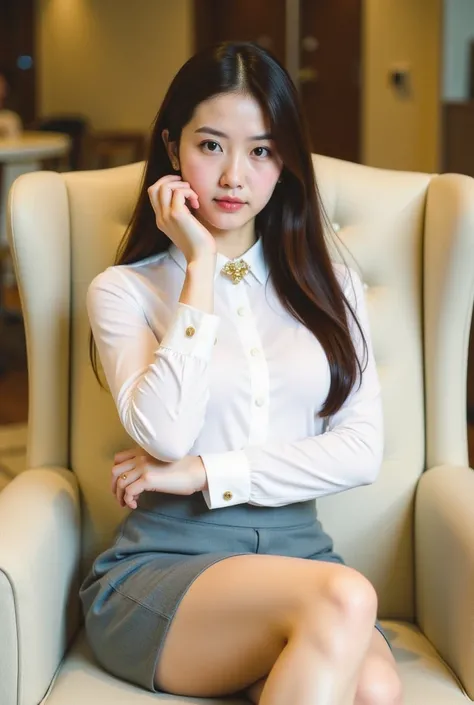 a young woman seated on a light-colored chair in an indoor setting, likely an office or lounge. She has long, dark hair styled neatly, and her expression is poised and confident. She is dressed in a professional yet stylish outfit, consisting of a white bl...