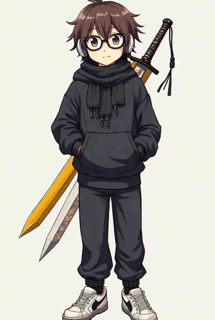 An Anime Character, male between ,  brown eyes, brown hair,  black sweatshirt , he has a yellow sword on his back, y has another colored sword at his waist, His pants are black , shoes are white with black,he wears glasses and wears headphones and a black ...