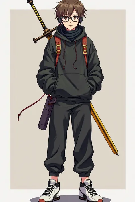 An Anime Character, male between ,  brown eyes, brown hair,  black sweatshirt , he has a yellow sword on his back, y has another colored sword at his waist, His pants are black , shoes are white with black,he wears glasses and wears headphones and a black ...