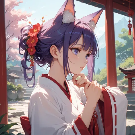  fox ears、Shrine Maiden's Flower Dance 、Girl with purple hair tying her hair in one at the back