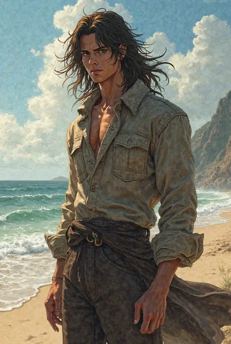 Eren yeager stand in a sea beach. With his long hairstyle