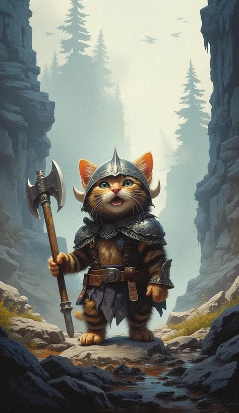 a antropomorphic tiny little black/orange striped baby cat with, wearing Viking clothes and also a Viking helmet, wielding an axe, brave expression letting out a war cry


