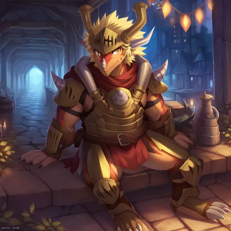  dragon drum bunker , hull, anthropo, dragon , man, armor, Alone , horn, claws, scales, blond hair,
Sitting, pads, 
kemono, detailed background