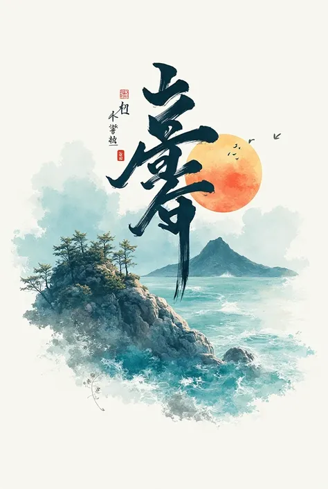 「Mountain」and「sea」, the two words are represented in a calligraphic style，Emphasis，shows the impression of a mountain sea in strokes rendered with，渲染的筆觸描繪Mountainsea的意象，shows the impression of floating