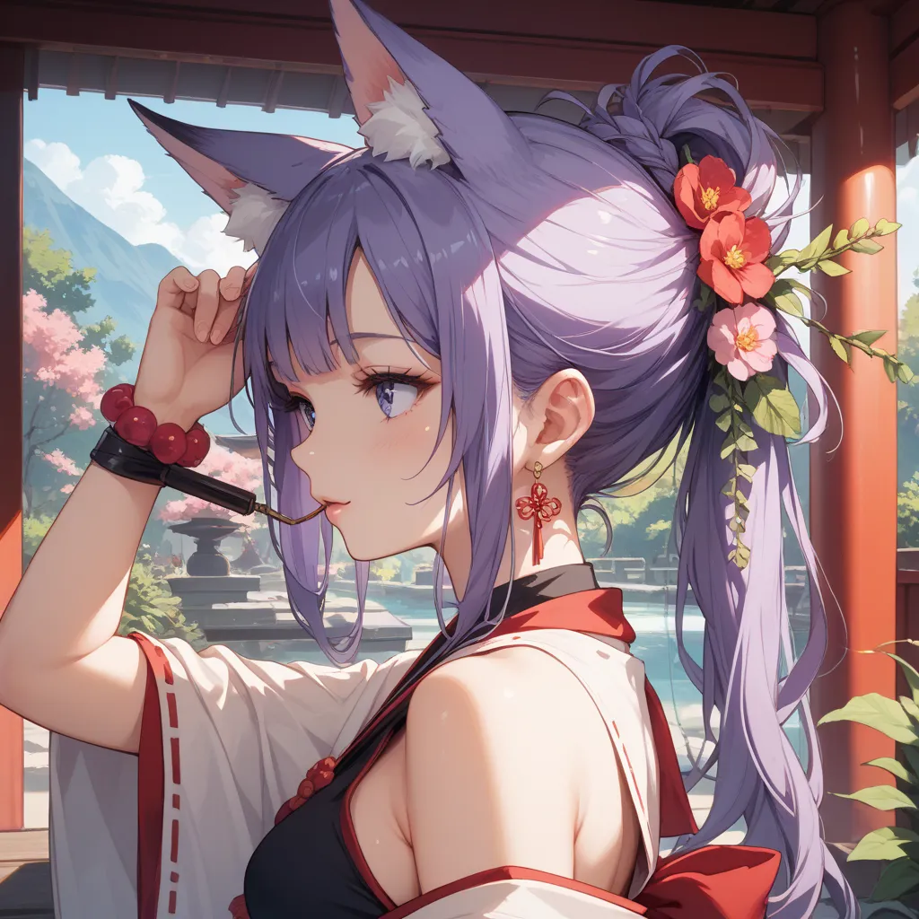  fox ears、Shrine Maiden's Flower Dance 、Girl with purple hair tying her hair down in one at the back