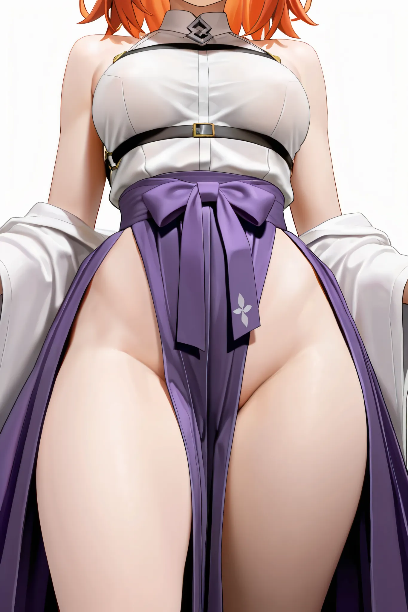 NSFW,masterpiece,highest quality,High Resolution,very detailed,Ritsuka Fujimaru\(Fate/Grand Order),orange hair, shoulder out、Sleeveless、袴skirt、 kimono、Purple Hakama、skirt、band、Side slit 、Wide sleeves 、white shirt