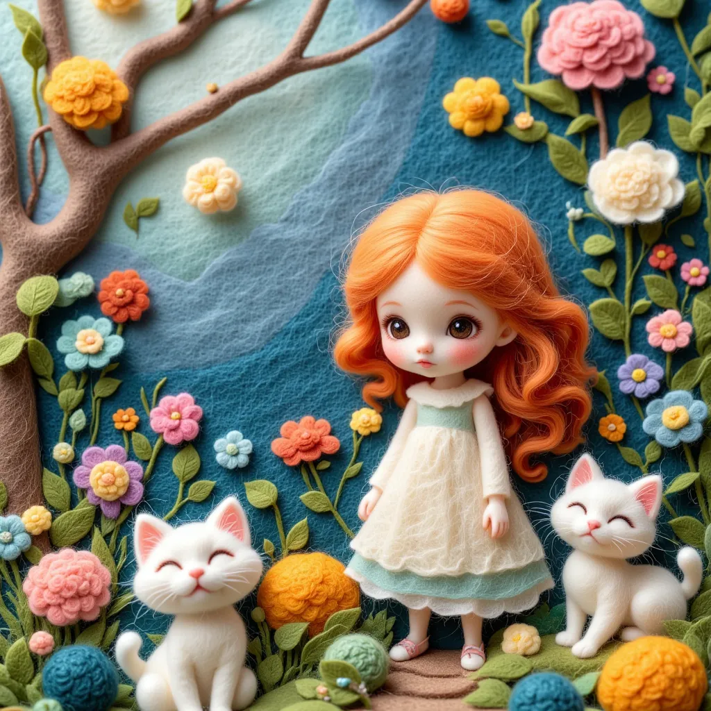 Delicate Textured Felt Paintings、Cute Fantasy Art、Adorable Girl Portraits、Cute Cat Companions、 Magical Forest、 beautiful flowers 々、Fluffy Textures、bright color、Fine Textured Felt、Friendly cats、 Mysterious Forest、soft and delicate texture