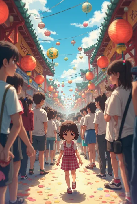 anime girl lost in a festival and people passing by