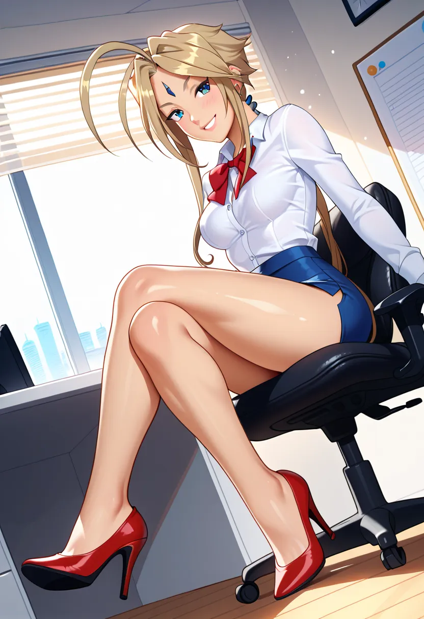 Belldandy，Belledanti，Office Girl，wear a white shirt on the top， long sleeve，wear a light blue miniskirt on the bottom，The skirt is very short，sitting on an office chair，One point file in hand， Jiro's legs，beautiful legs showing off，red high heels，shiny lea...