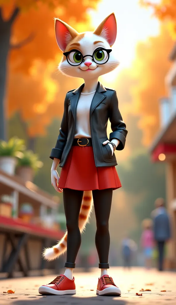 She (Female cat : Create an animated scene of a cute ****age female cat. The cat (orange-white) is wearing a black leather jacket, red skirt, and red sneakers with a sharp expression, she is styled like a photo model. The background is in a lakeside park. ...