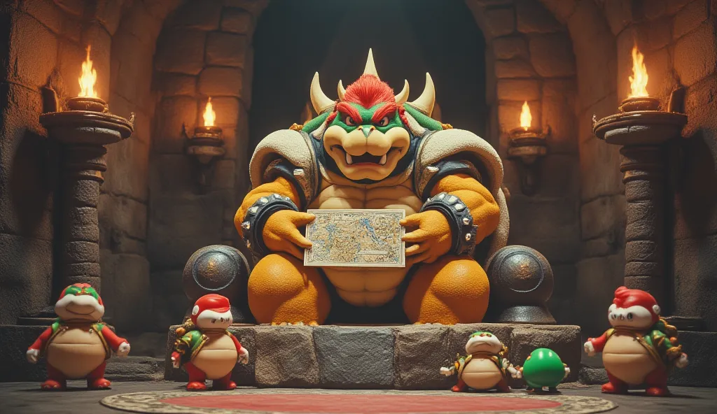 Bowser sits on a massive stone throne, holding a map of the Mushroom Kingdom. He seems convinced of his plan, but beside him, Goombas and Koopas exchange confused glances, as if they know it's a terrible idea. The lighting comes from the flames of torches ...