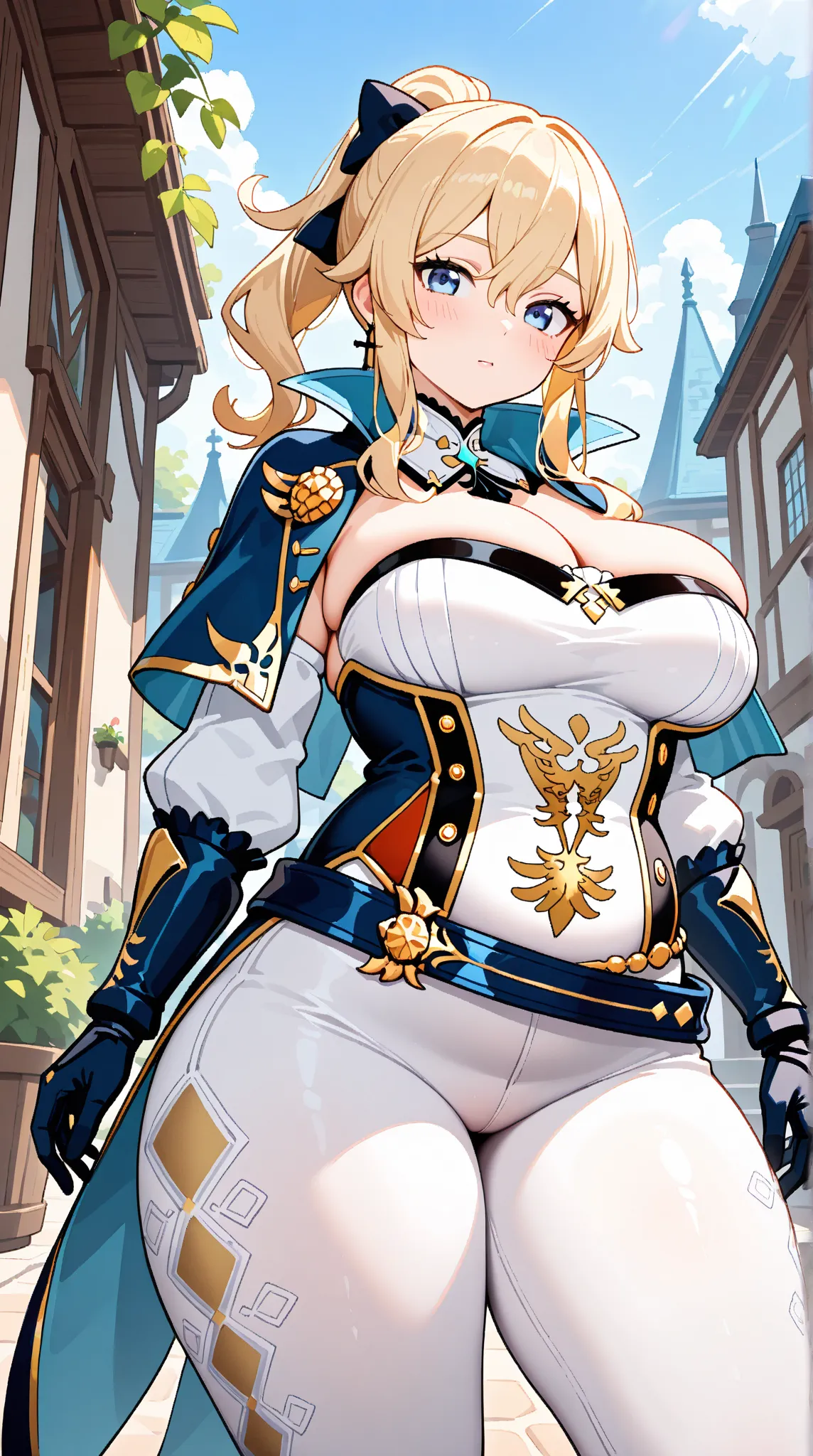 jean (genshin impact), 1girl, solo, long hair, looking at viewer, blue eyes, blonde hair, gloves, jewelry, large breasts, thick thighs, ponytail, hair bow, detached sleeves, belt, strapless, capelet,  white pants, tight clothes, cross earrings, tight pants...