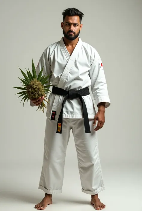 karateca, black belt, holding a bunch of cannabis