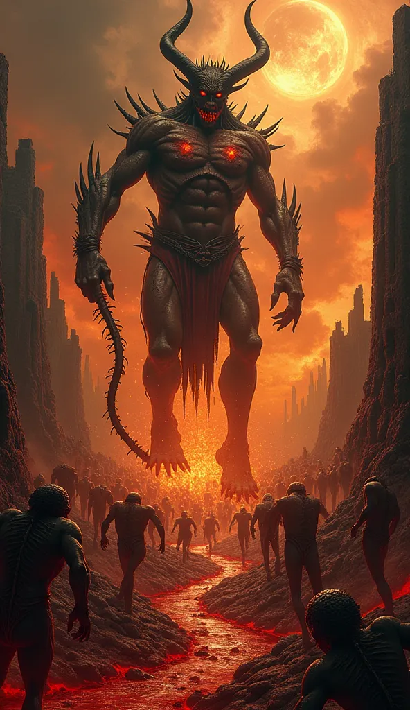 A nightmarish depiction of Hell’s deepest pit, where human souls are impaled on jagged spikes, their bodies still writhing in endless suffering. A massive, horned demon with cracked, burning skin and glowing molten veins towers over them, wielding a fiery ...