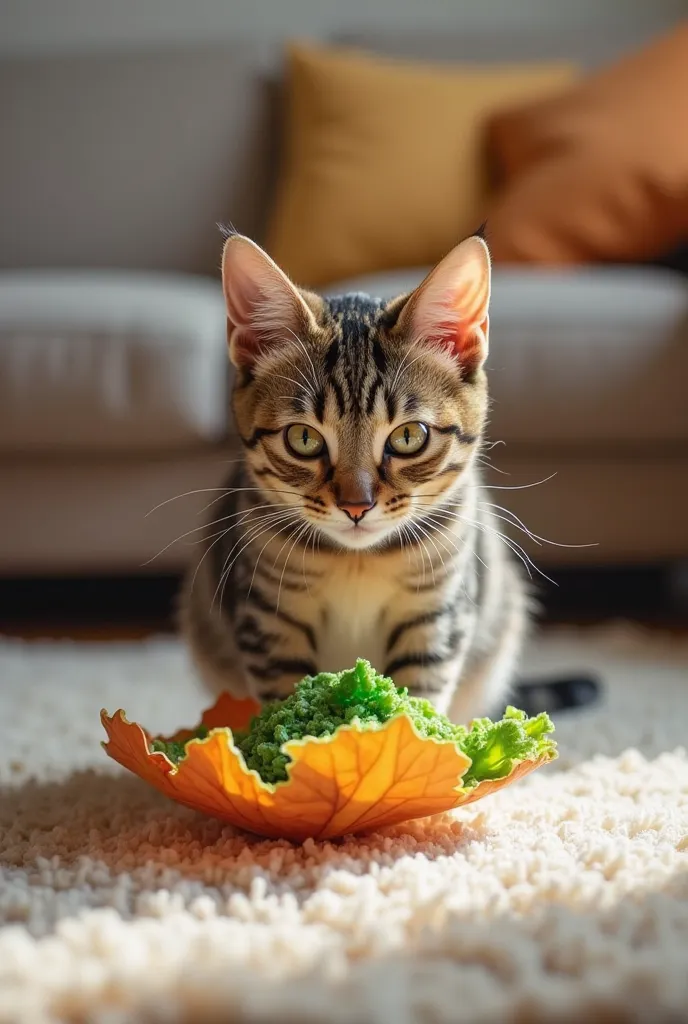 "A playful tabby cat sniffing a colorful, leafy catnip toy on a cozy living room floor. The cat has wide eyes and a curious expression, clearly fascinated by the toy. The background features a warm, soft-toned living room with a couch, pillows, and a rug."...